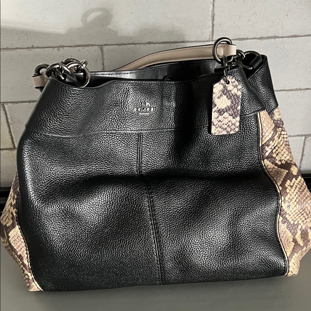 Coach Black Pebbled Leather Shoulder Bag with Snake-Print Sides - Picture 8 of 8